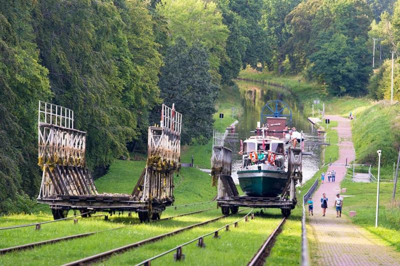 Schifffahrt auf dem Oberländischen Kanal, Elbinger Kanal in Polen in Masuren