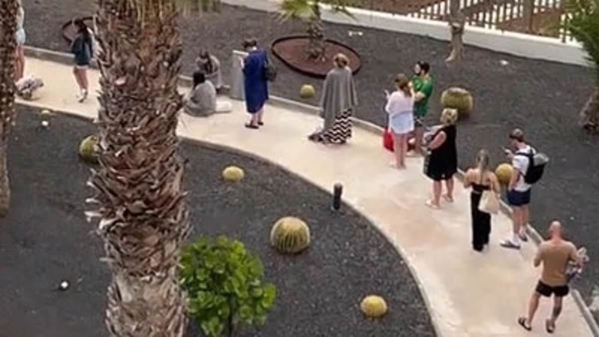 Sunbed wars begin! British holidaymakers queue for an HOUR to secure the best poolside spots at Canary Islands resort
