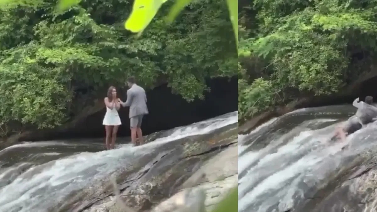 Vídeo | Homem faz pedido de casamento em cachoeira, mas escorrega antes de comemorar o retorno.