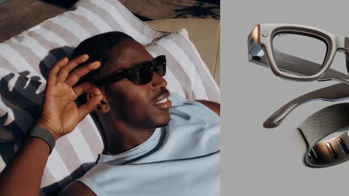 Meta presenta i nuovi Ray-Ban Display: occhiali intelligenti con schermo a colori, intelligenza artificiale integrata e braccialetto EMG per il controllo gestuale.