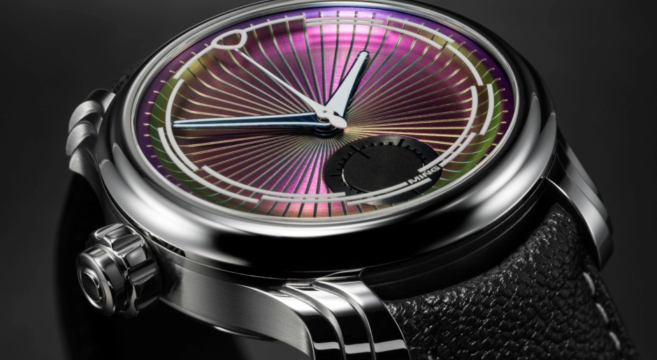 A niche luxury watch brand releases a new model. It features a rainbow dial and a unique destro layout.