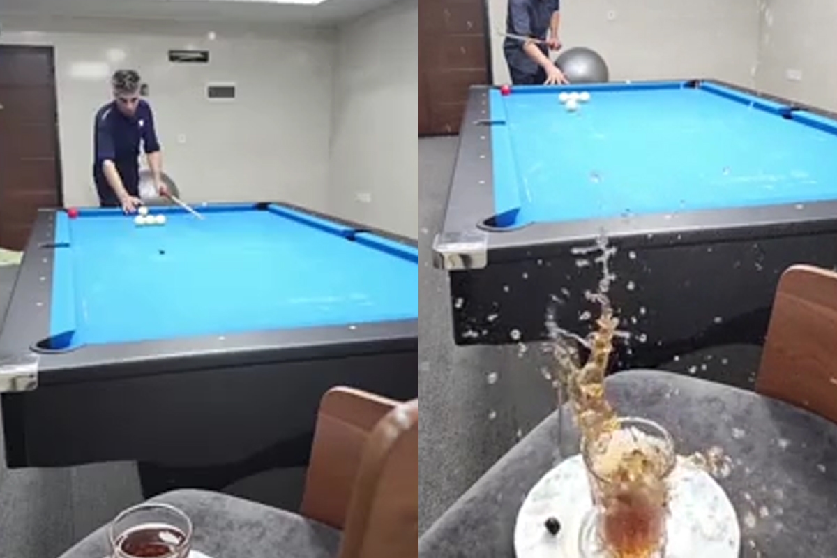 A tacada impossível no bilhar: Amir Elyasi manda uma colher voando para dentro de um copo
