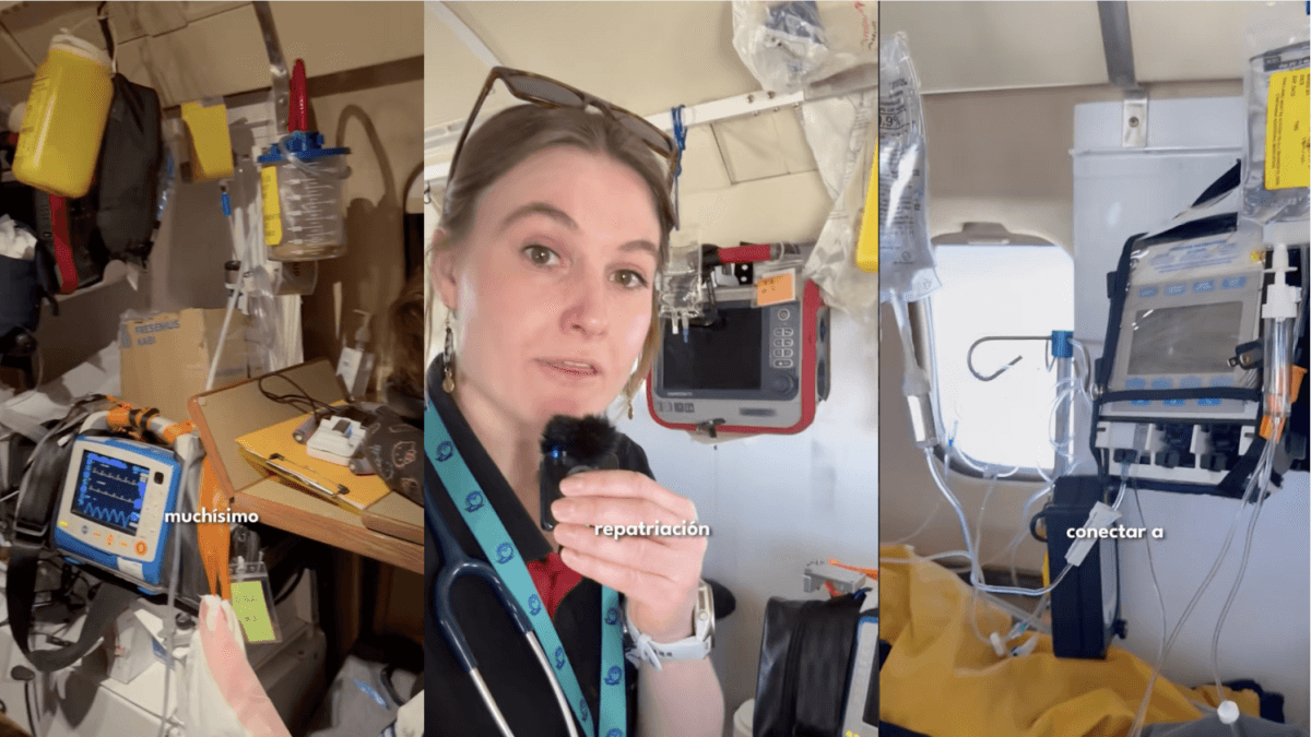 Alexia Hartmann, assistente di volo: "Sui voli ambulanza non voliamo con gli assistenti di volo; spieghiamo le norme di sicurezza e di evacuazione agli altri passeggeri."