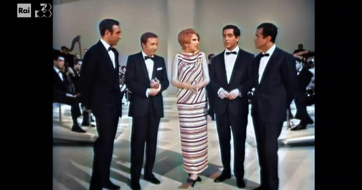 Pippo Baudo, Mike Bongiorno, Corrado and Enzo Tortora together in 'Saturday Night' 1967 recolored by AI
